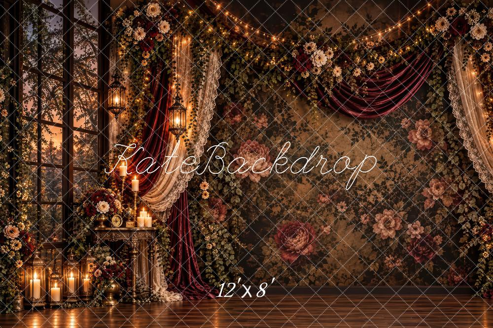 Kate Elegant Dark Brown Gothic Floral Candlelit Drapes Printed Backdrop Designed by Laura Bybee