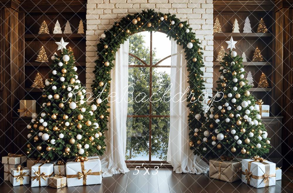 Kate Christmas Trees Garland Window Presents White Brick Backdrop Designed by Mini MakeBelieve