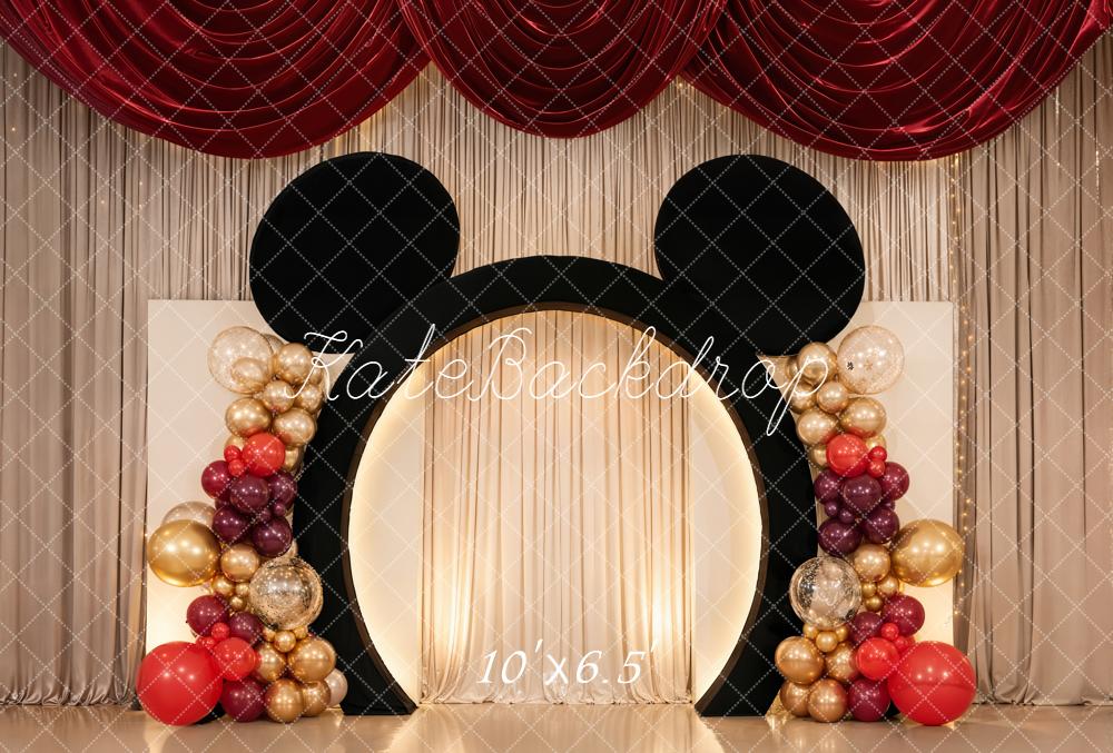 Kate Cake Smash Mouse Ears Balloon Arch Red Gold Drapes Backdrop Designed by Chain Photography