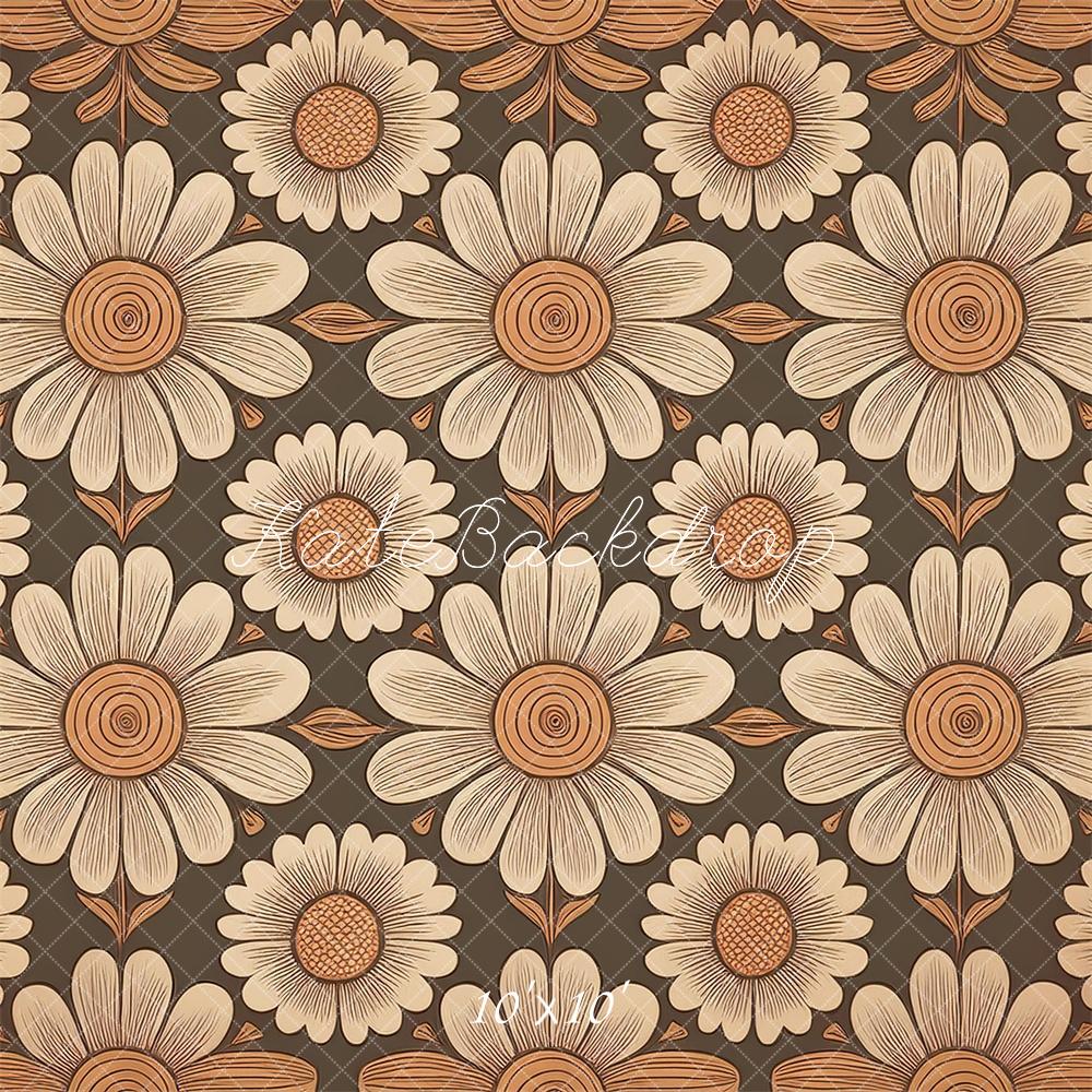 Kate Mustard and Olive Retro Flower Pattern Backdrop Designed by Mandy Ringe Photography