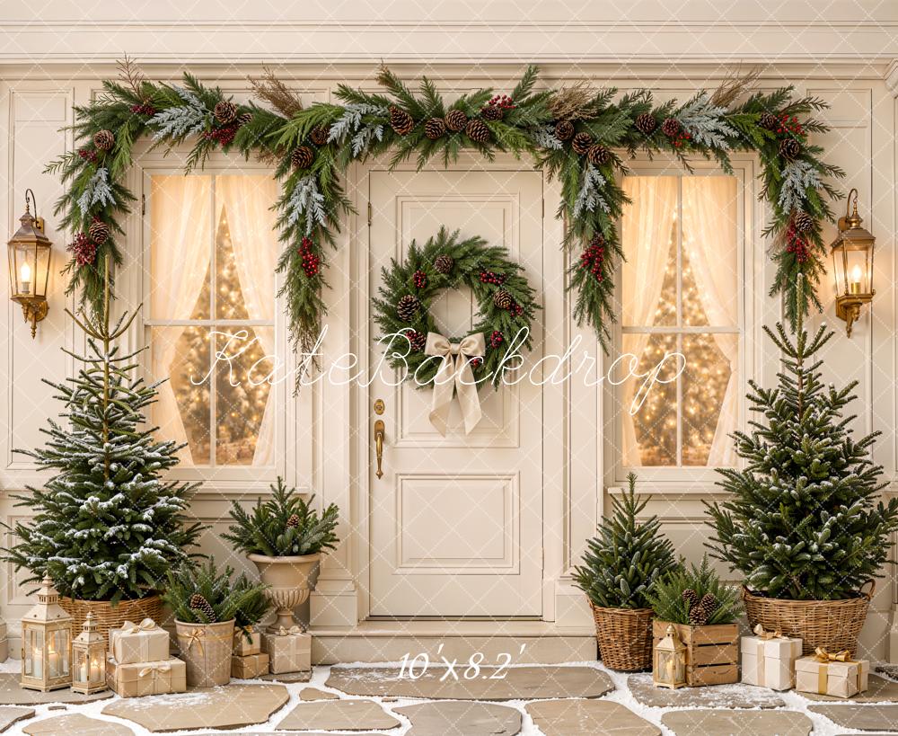 Kate Christmas White Doorway Wreath Garland Pine Trees Rustic Printed Backdrop Designed by Emetselch