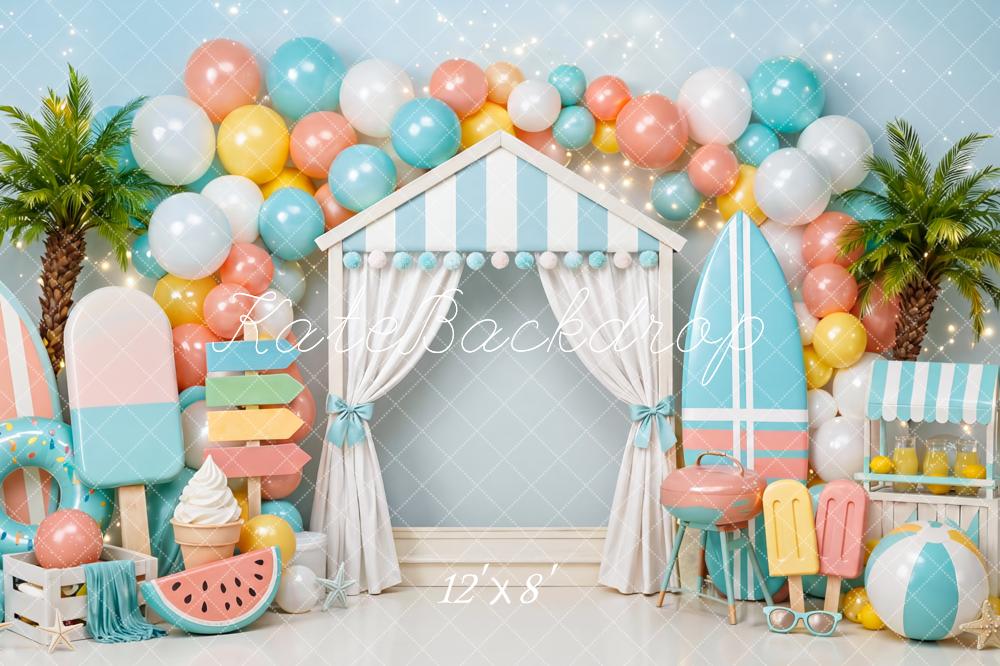 Kate Summer Cake Smash Pool Party Beach Hut Popsicle Surfboard Printed Backdrop Designed by Mini MakeBelieve
