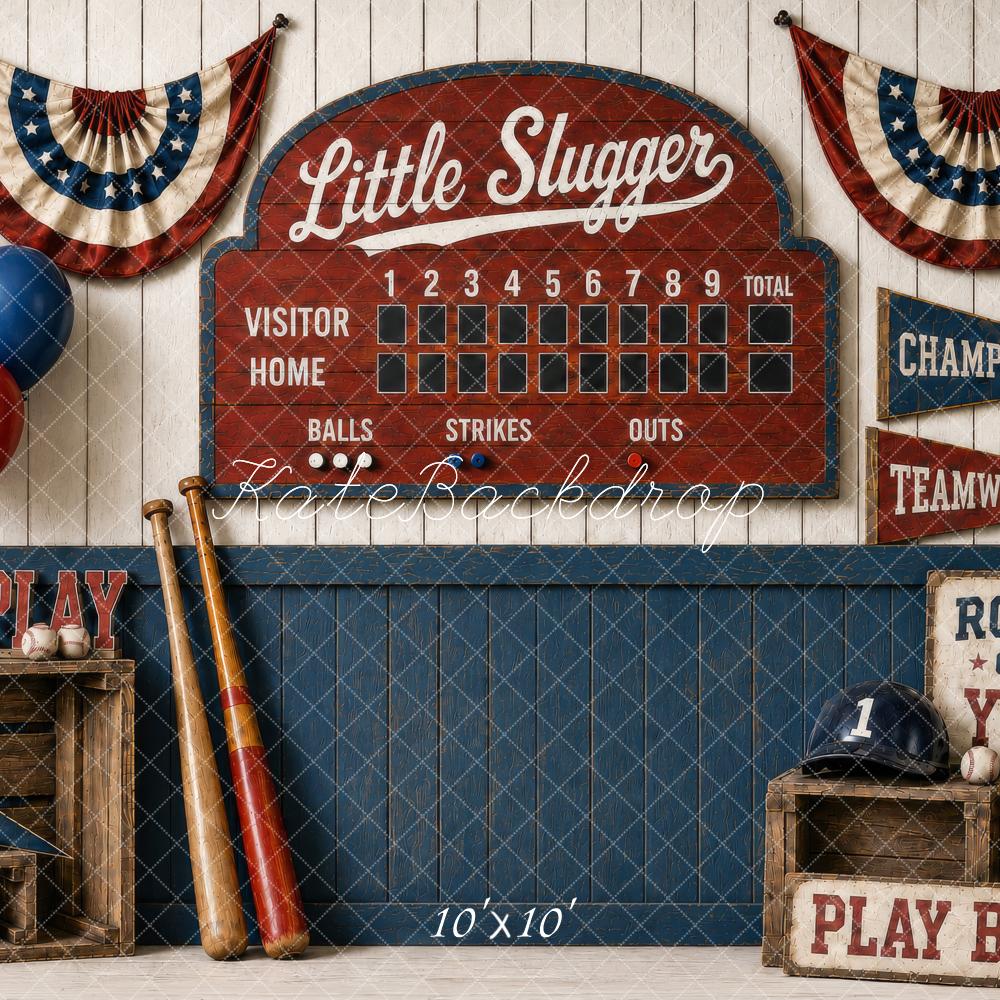 Kate Baseball Vintage Scoreboard Bats Crates Balloons Bunting Printed Backdrop Designed by Shutter Swan Studios