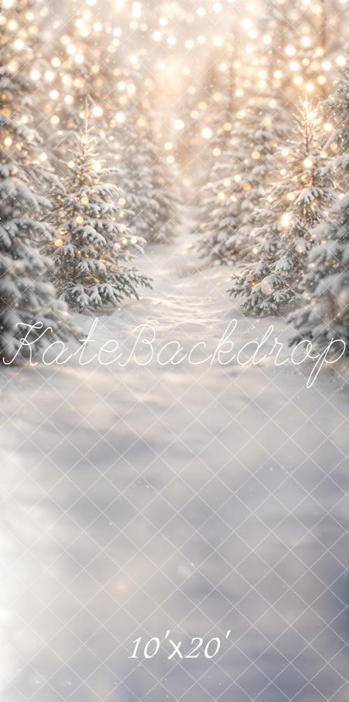 Kate Christmas Snowy Pine Trees Warm Lights Printed Backdrop Designed by Emetselch