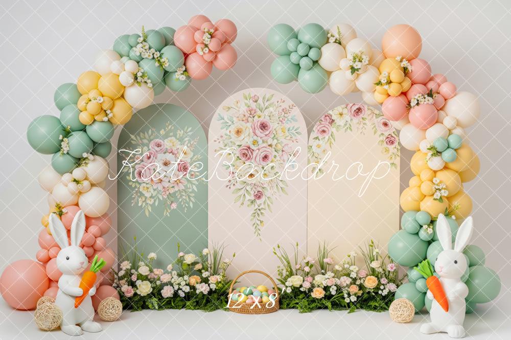 Kate Easter Bunny Flower Arch Pastel Balloons Printed Backdrop Designed by Patty Roberts