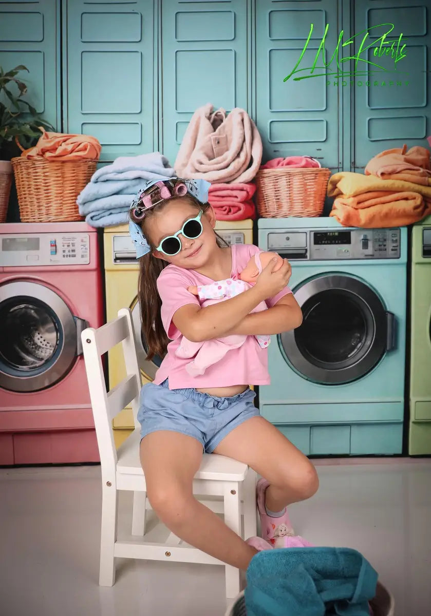 Wasdag Kleurrijke Wasmachine Voorjaarsfleecestof Foto Achtergrond Ontworpen door Chain Photography