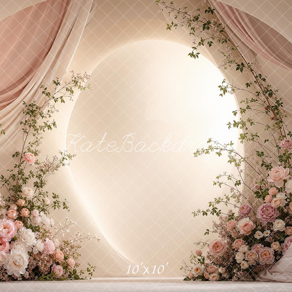Kate Wedding Pink Flower Arch Draped Curtains Printed Backdrop Designed by Shutter Swan Studios