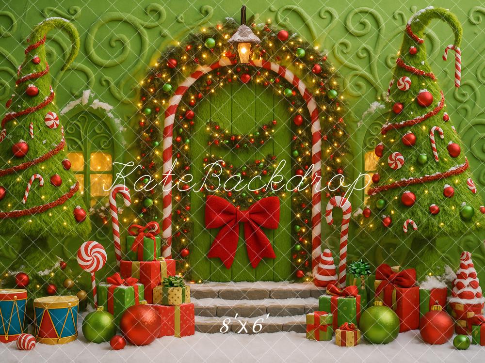 Kate Christmas Witch Door Green Candy Arch Trees Gifts Backdrop Designed by Ashley Paul