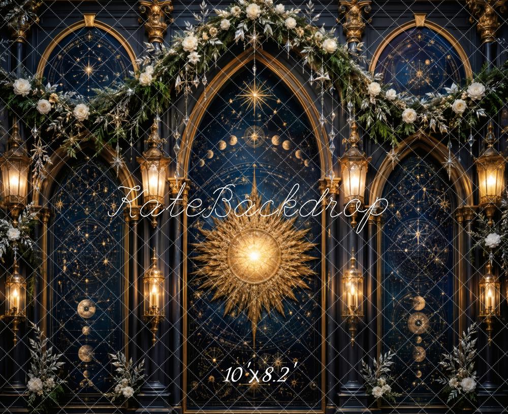 Kate Celestial Sunburst Arched Windows Lanterns Flowers Printed Backdrop Designed by Vertigo Productions