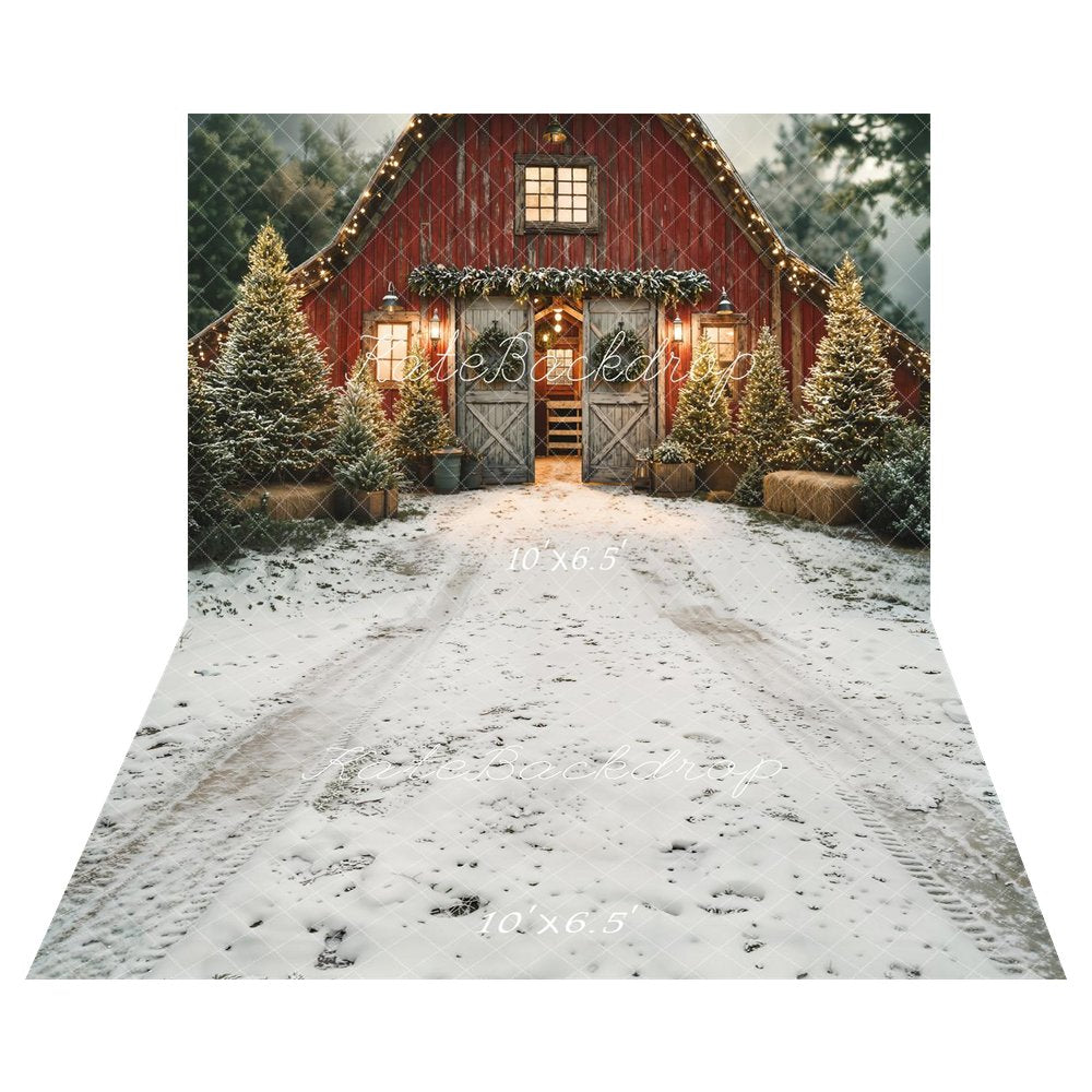 Kate Christmas Red Barn Snowy Pine Trees Garland Backdrop+Snow Tire Tracks Ground Texture Backdrop