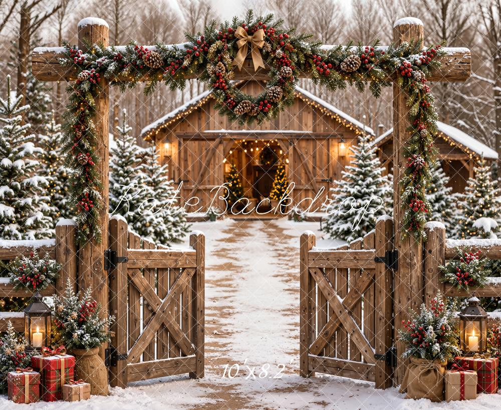 Kate Christmas Garland Rustic Gate Snowy Cabin Path Printed Backdrop Designed by Emetselch