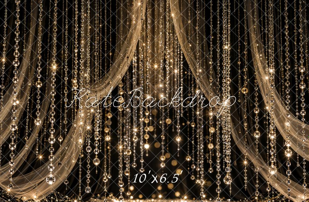 Kate Celebration Black Gold Crystal Bead Curtain Drapery Printed Backdrop Designed by Emetselch