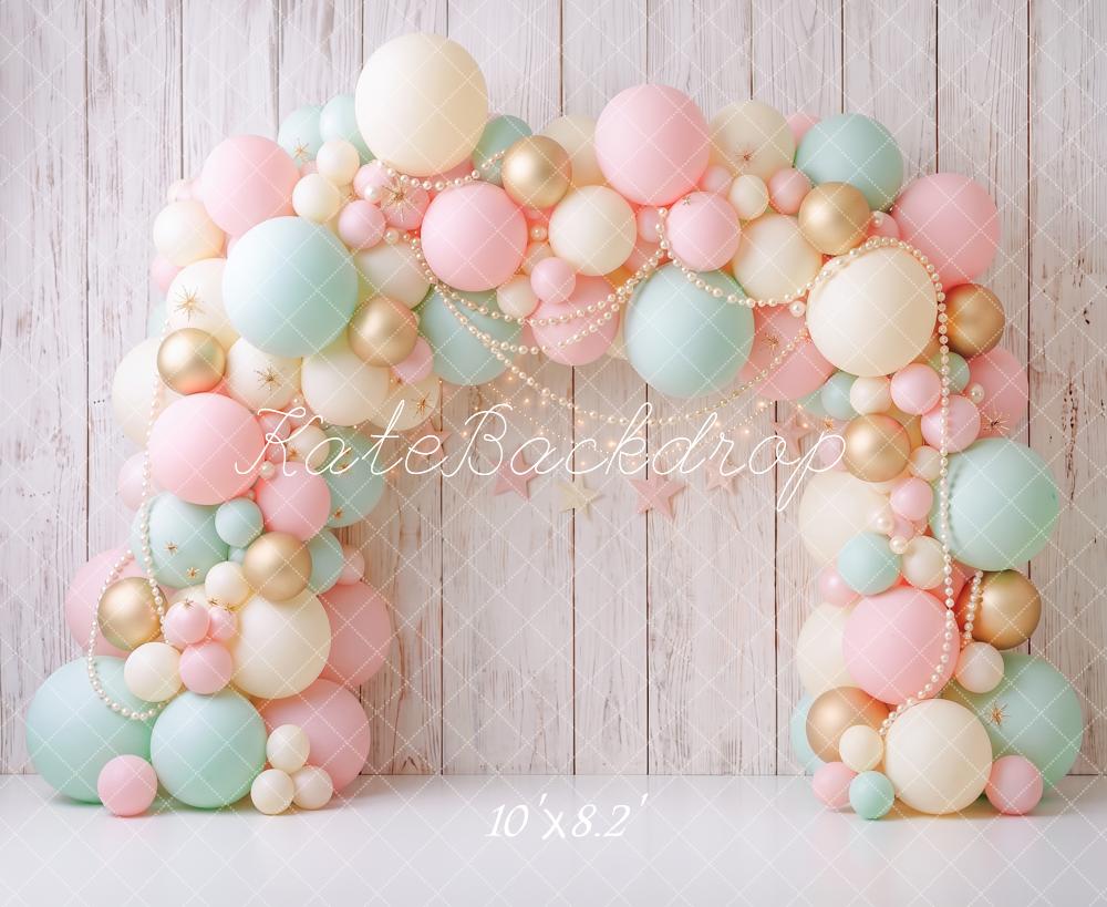 Kate Cake Smash Pastel Balloon Arch Pearl Wood Printed Backdrop Designed by Angela Miller