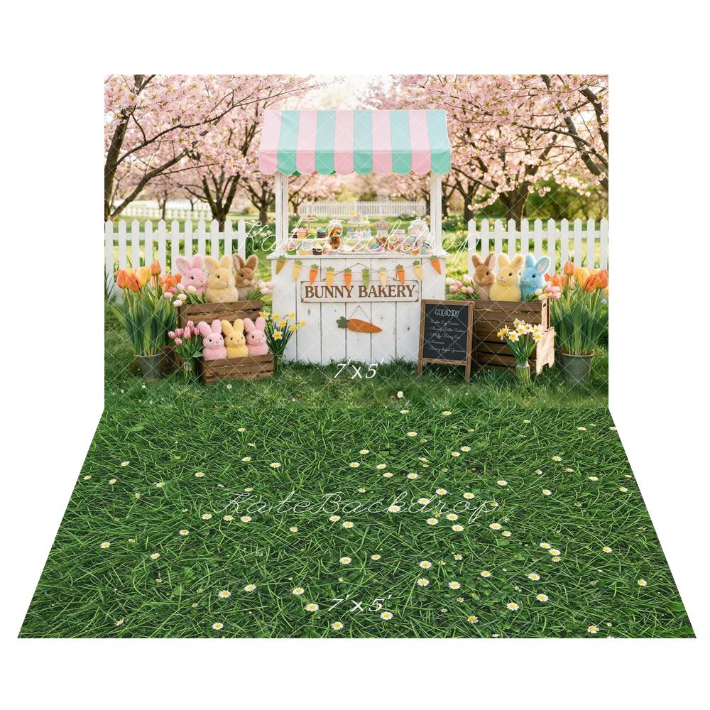 Kate Easter Bunny Bakery Pink Blossoms Backdrop+Green Grass Daisy Flowers Backdrop