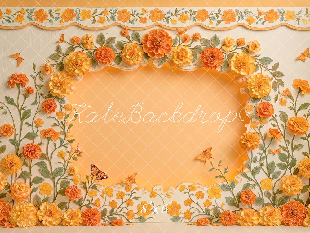 Kate Spring Marigold Wall Orange Flower Arch Butterflies Printed Backdrop Designed by Angela Miller