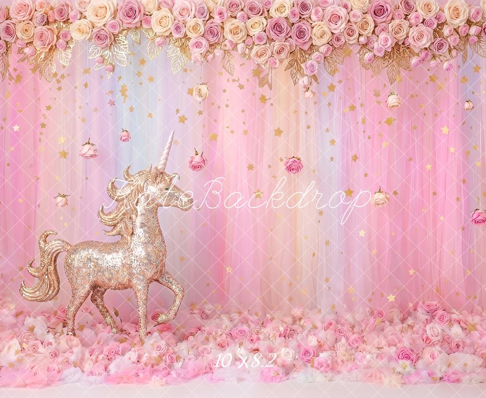Kate Fantasy Cake Smash Gold Unicorn Pink Rose Curtains Printed Backdrop Designed by Angela Miller