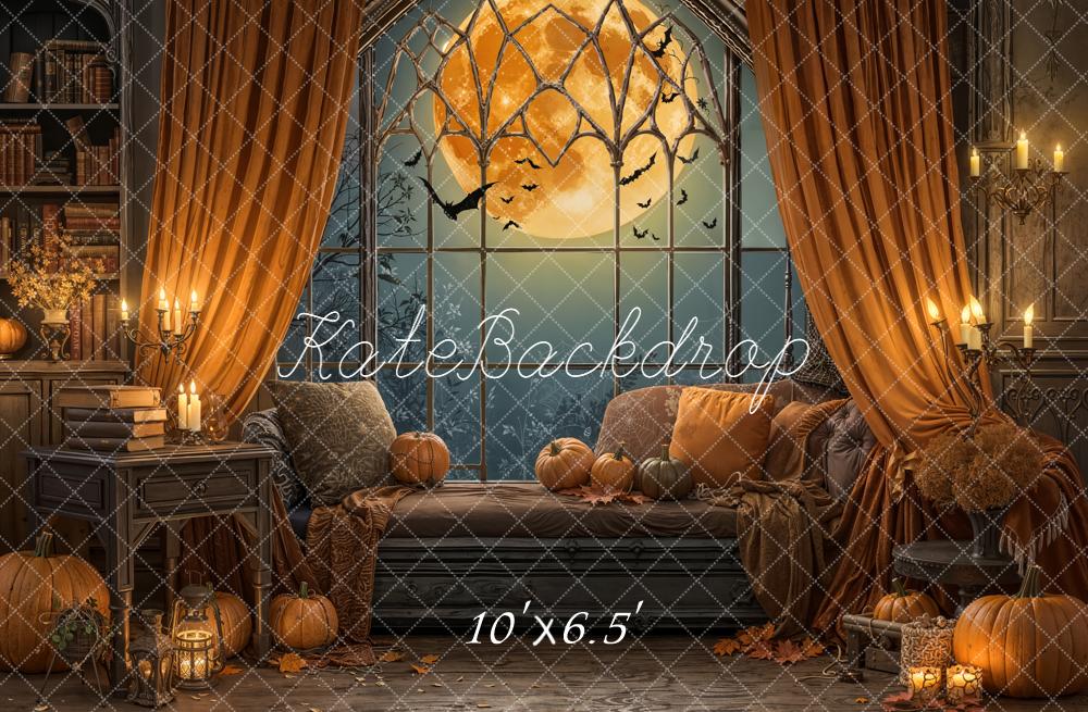Kate Halloween Moon Bats Window Pumpkins Orange Curtains Backdrop Designed by Emetselch