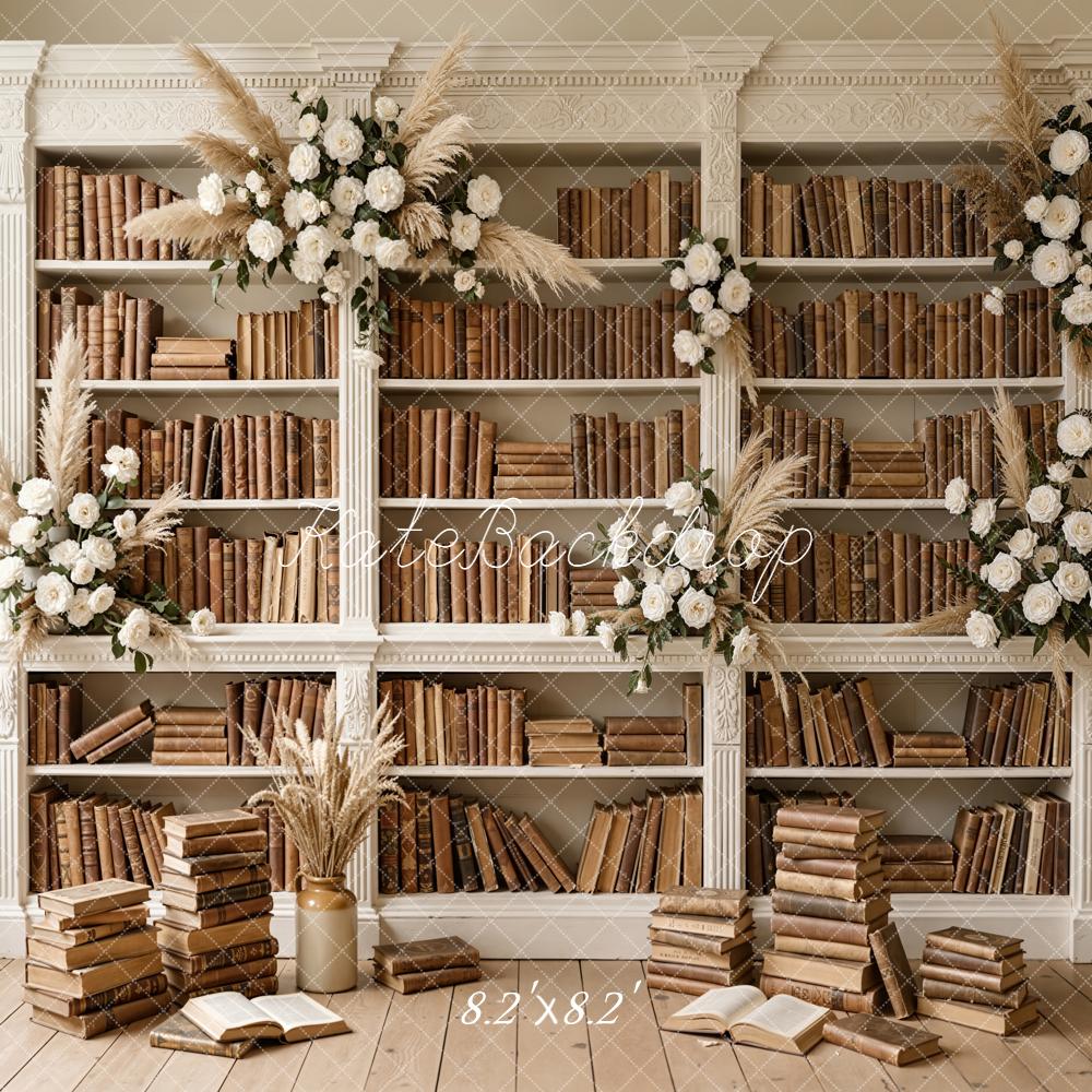 Kate Graduation Bookshelf Brown Books White Flowers Backdrop Designed by Emetselch