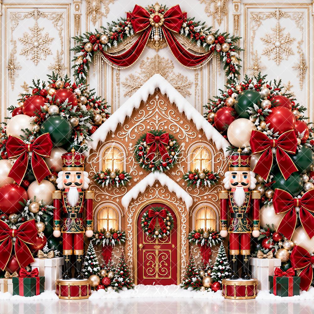 Kate Christmas Gingerbread House Nutcracker Arch Red Bow Snow Printed Backdrop Designed by Ashley Paul
