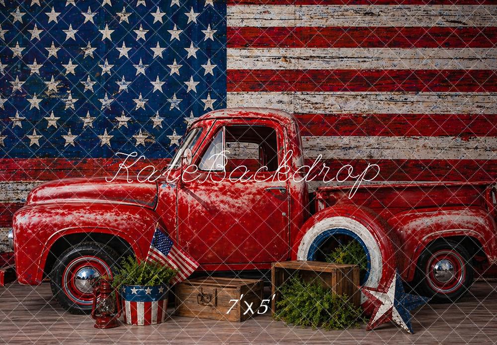 Kate Patriotic Vintage Truck American Flag Red Pickup Printed Backdrop Designed by Caitlin Lynch