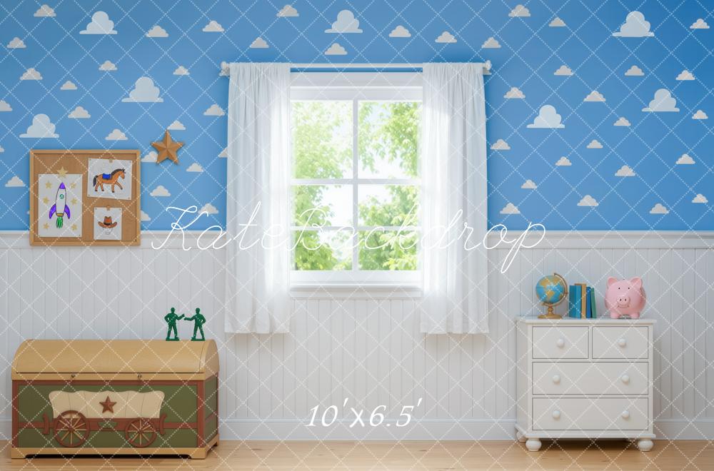 Kate Toys Room Blue Cloud Window Curtains Printed Backdrop Designed by Mini MakeBelieve