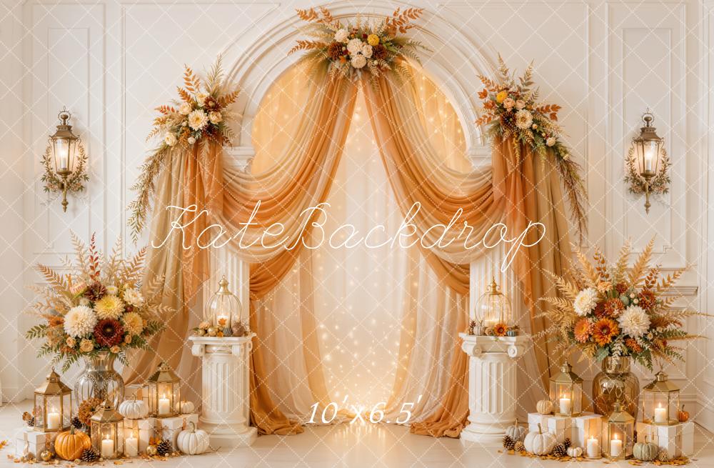 Kate Fall Drapes Flower Arch Pumpkin Candle Lantern Printed Backdrop Designed by Emetselch
