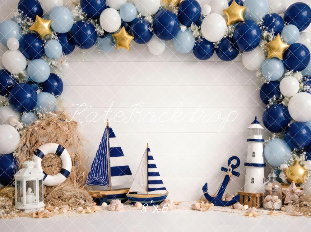 Kate Cake Smash Nautical Balloon Arch Sailboat Anchor Lighthouse Blue White Printed Backdrop Designed by Vertigo Productions