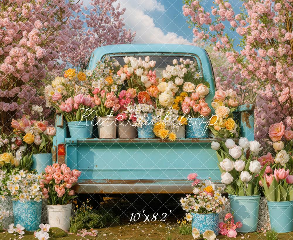 Kate Spring Blue Truck Floral Pink Blossoms Garden Backdrop Designed by Emetselch