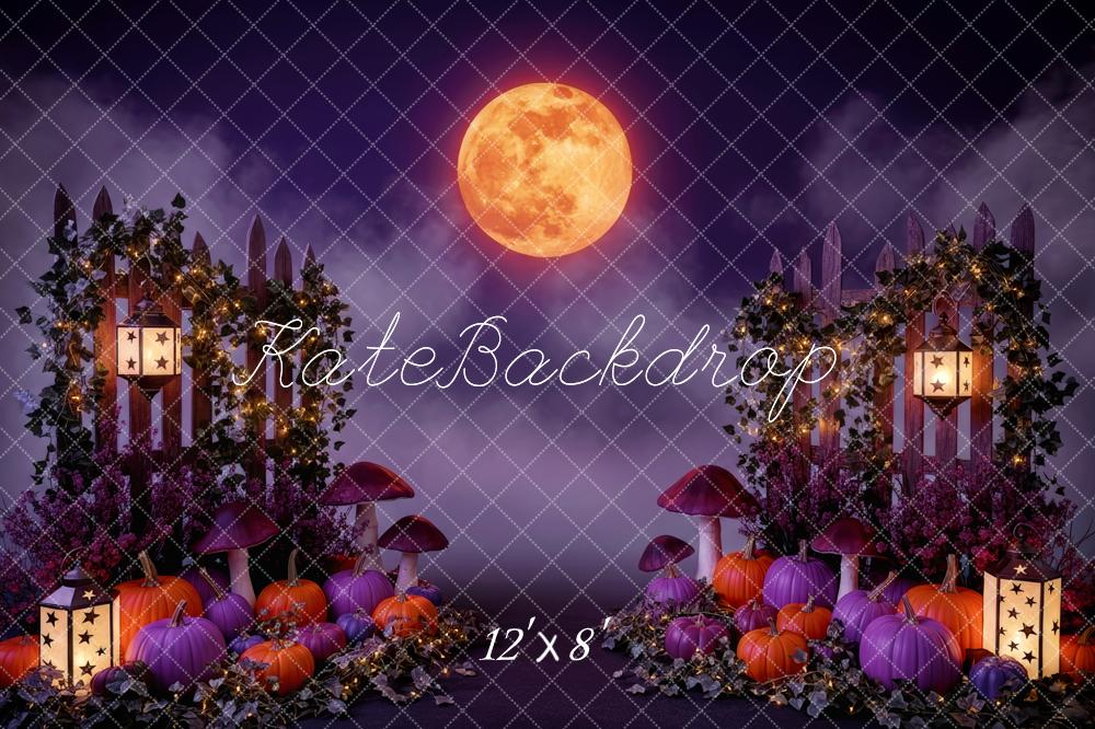 Kate Halloween Garden Full Moon Pumpkins Lanterns Mushrooms Backdrop Designed by Patty Roberts