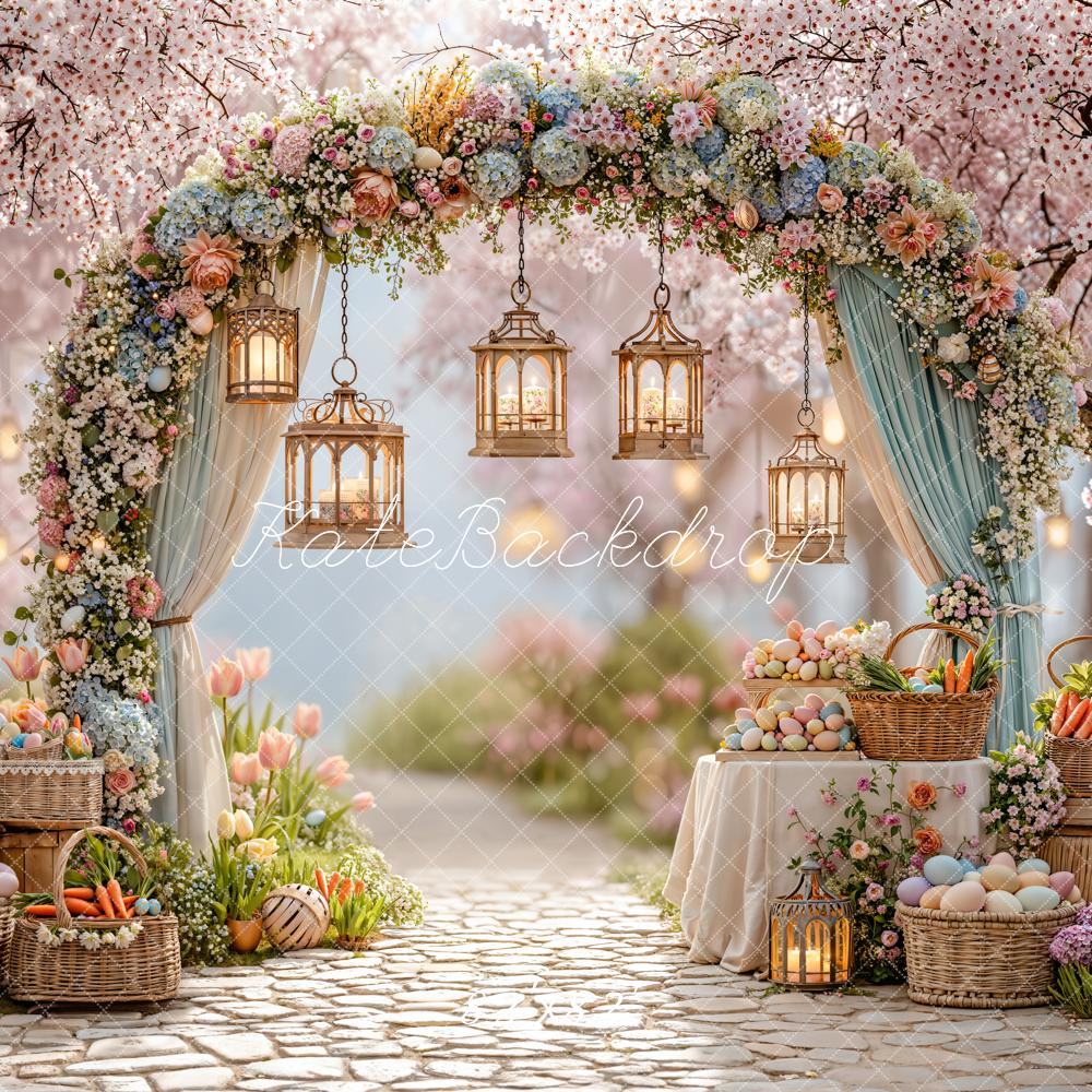 Kate Easter Spring Flower Arch Pastel Eggs Lanterns Garden Pink Backdrop Designed by Emetselch