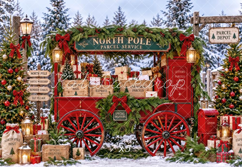 Kate Christmas North Pole Red Parcel Wagon Snowy Printed Backdrop Designed by Patty Roberts