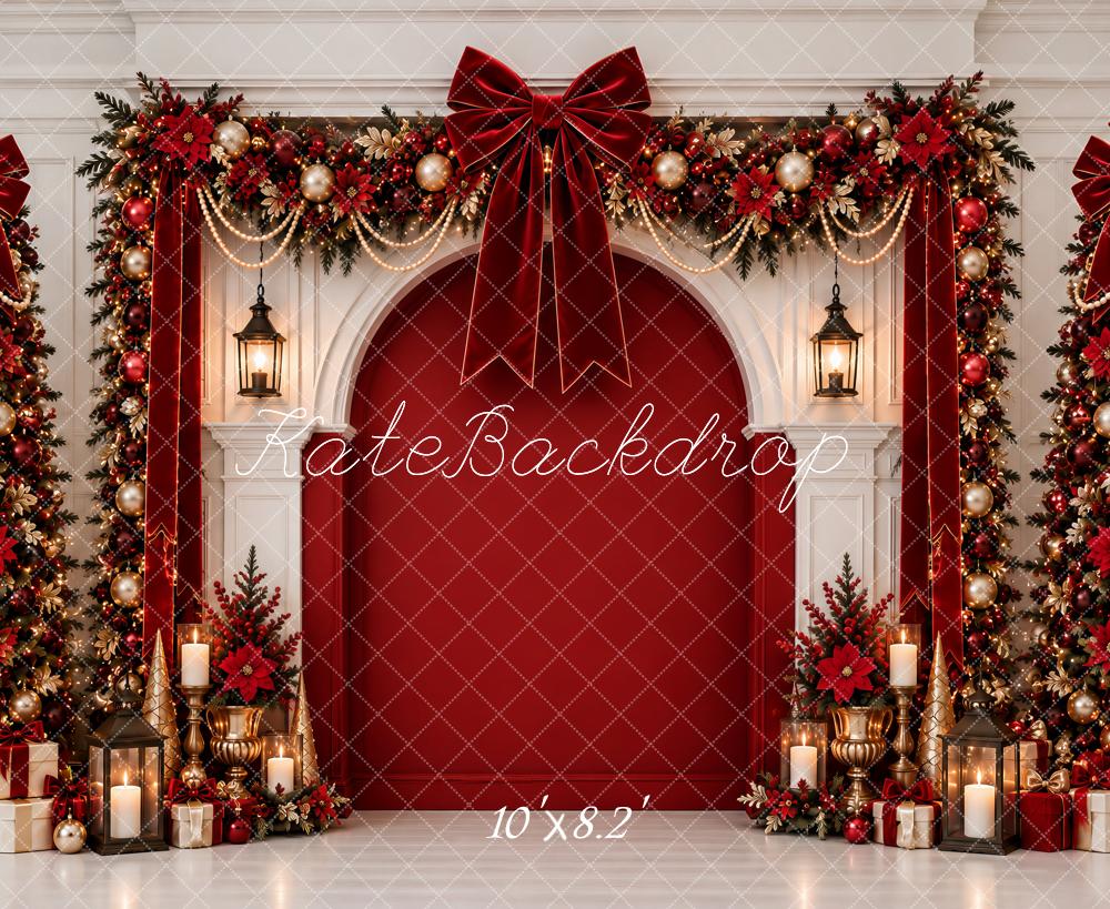 Kate Christmas Red Velvet Bow Arch Garland Trees Pearl Printed Backdrop Designed by Ashley Paul