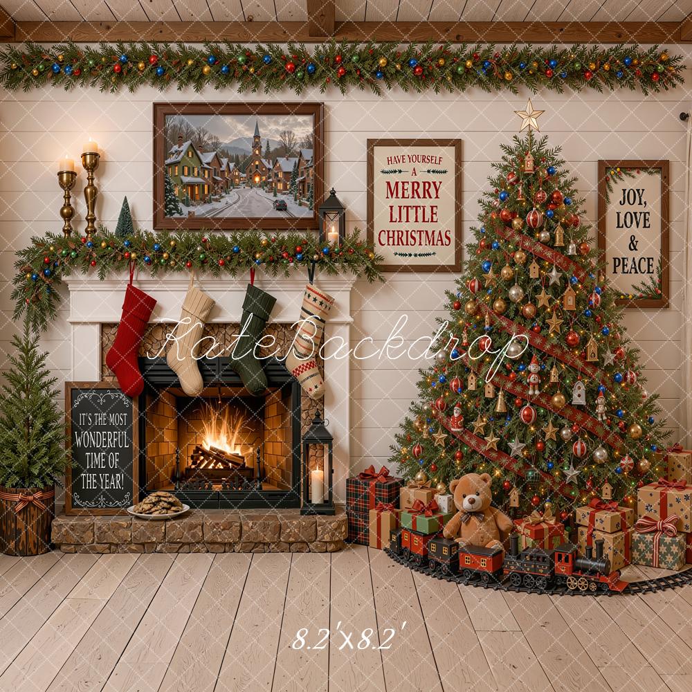 Kate Christmas Fireplace Christmas Tree Toys Train Rustic Printed Backdrop Designed by Shutter Swan Studios