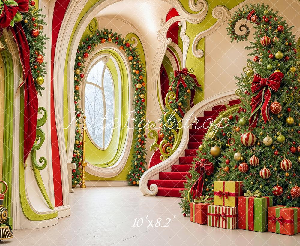 Kate Christmas Cascading Stairs Elf Hallway Tree Printed Backdrop Designed by Shutter Swan Studios