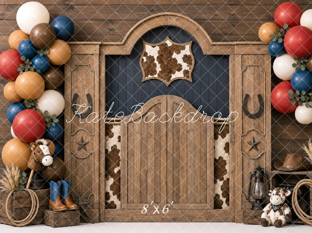 Kate Birthday Western Cowboy Barn Door Balloon Garland Cowhide Printed Backdrop Designed by Shutter Swan Studios