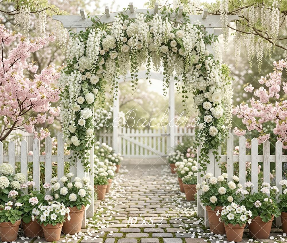 Kate Spring Flower Arch White Roses Cobblestone Path Garden Printed Backdrop Designed by Emetselch