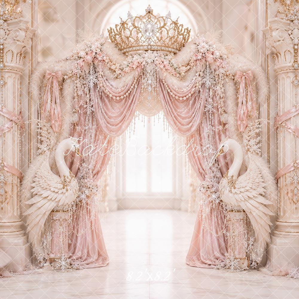 Kate Birthday Fantasy Luxury Pink Palace Swans Crown Drapes Printed Backdrop Designed by Ashley Paul