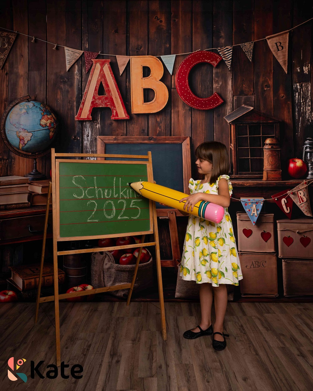 Kate Back to School/Graduation Globe Vintage Wooden Wall Backdrop Designed by Emetselch