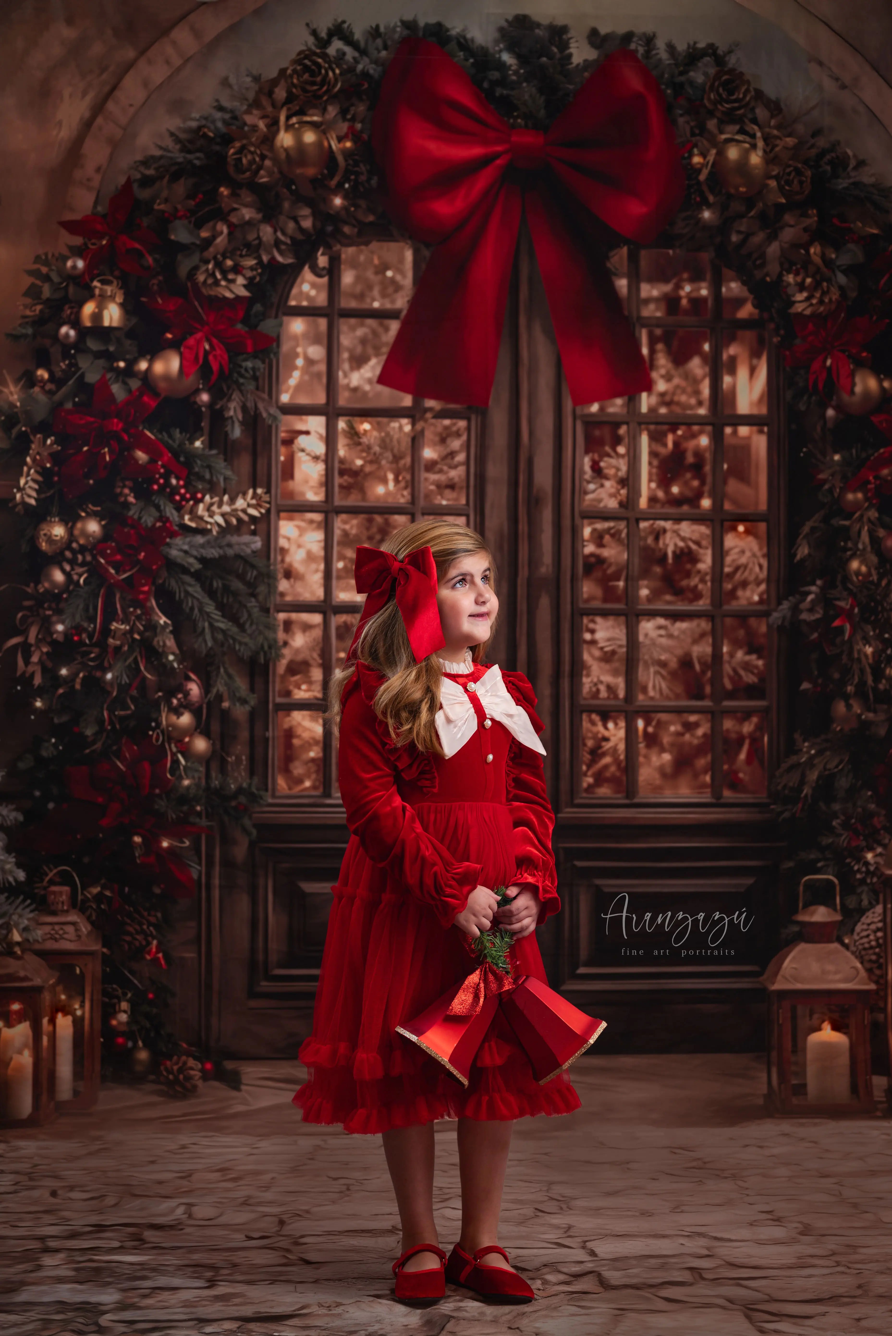 Kate Christmas Arch Door Red Bow Pine Trees Lanterns Backdrop Designed by Emetselch