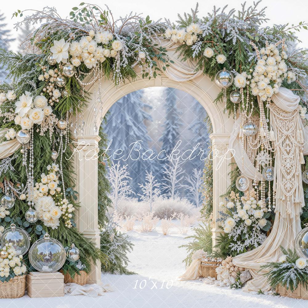 Kate Winter Boho Wedding Flower Arch Greenery Snow Printed Backdrop Designed by Mini MakeBelieve