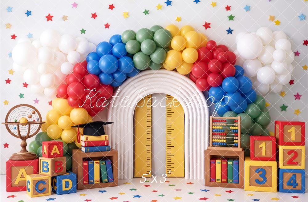 TEST Kate Back to School Rainbow Balloon Arch Books Blocks Printed Backdrop Designed by Chain Photography