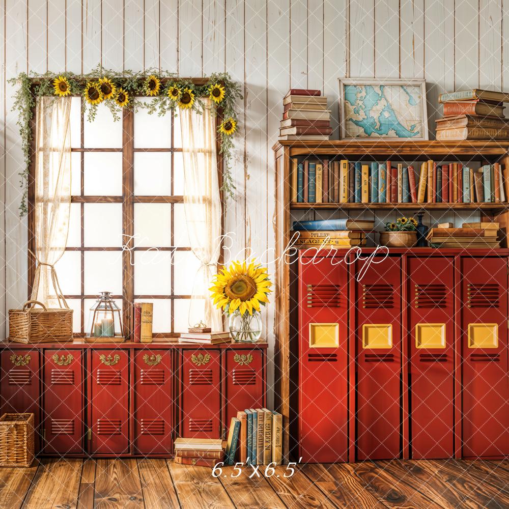 Kate Back To School Sunflower Curtain Window Vintage Library Lockers Backdrop Designed by Emetselch