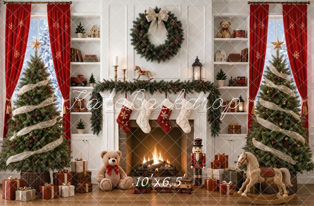 Kate Christmas Fireplace Christmas Tree Presents Rocking Horse Nutcracker Printed Backdrop Designed by Emetselch