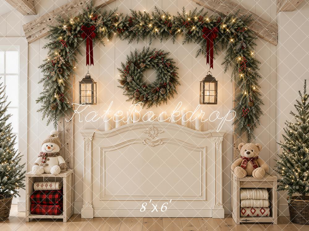 Kate Christmas Headboard Garland Wreath Snowman Trees White Printed Backdrop Designed by Emetselch
