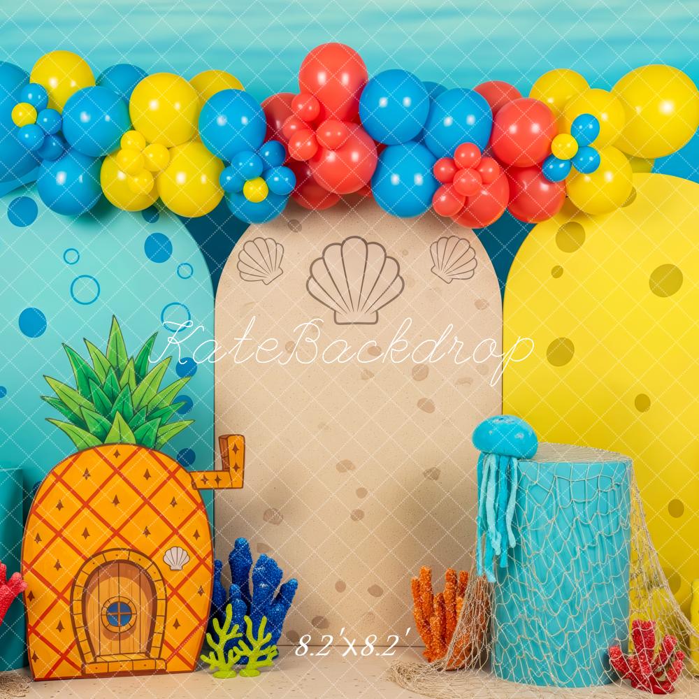 Kate Cake Smash Underwater Colorful Balloons Coral Jellyfish Printed Backdrop Designed by Patty Roberts