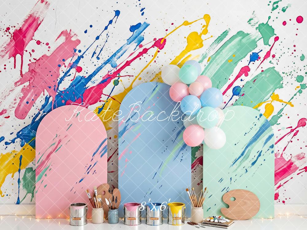 Kate Party Paint Splatter Art Pastel Panels Balloons Printed Backdrop Designed by Patty Roberts