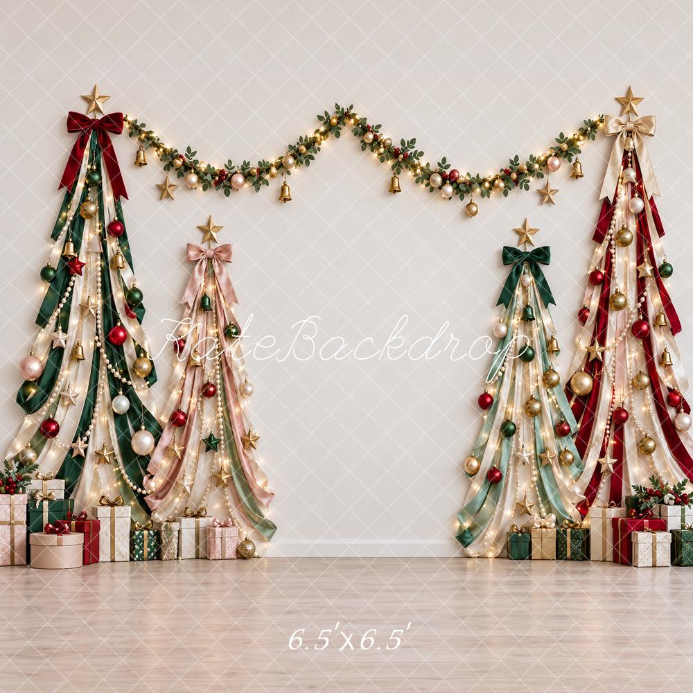 Kate Christmas Ribbon Trees Garland Gifts Lights Printed Backdrop Designed by Vertigo Productions