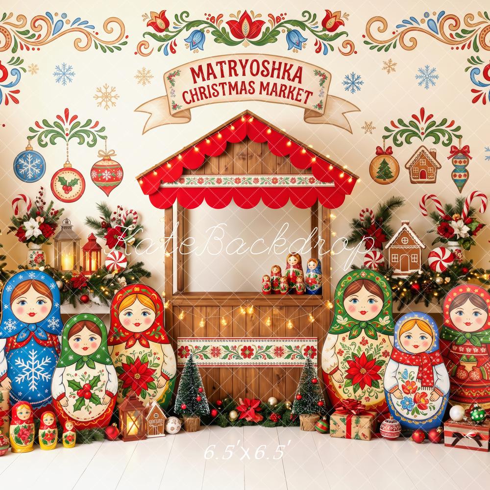 Kate Christmas Matryoshka Market Christmas Trees Ornaments Printed Backdrop Designed by Patty Roberts
