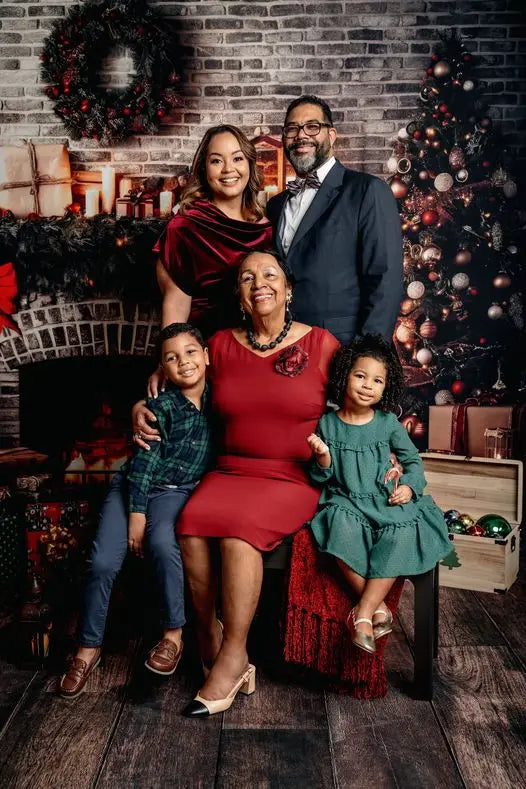 Kate Christmas Rustic Brick Fireplace and Trees Winter Backdrop Designed by Mini MakeBelieve