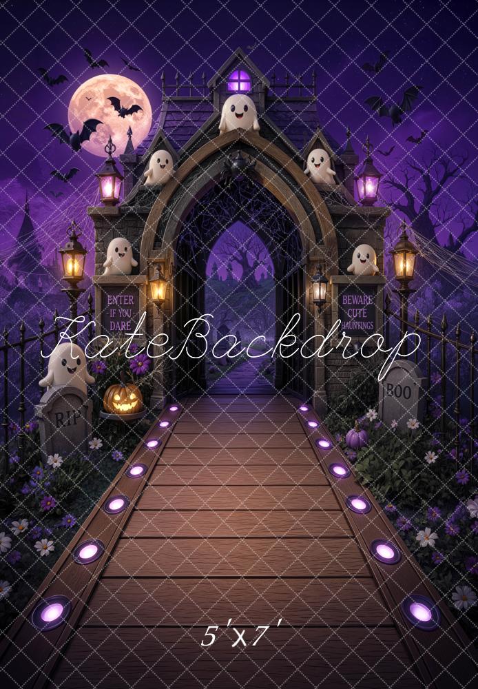 Kate Halloween Trunk or Treat Haunted Gate Ghosts Purple Printed Backdrop Designed by Mini MakeBelieve